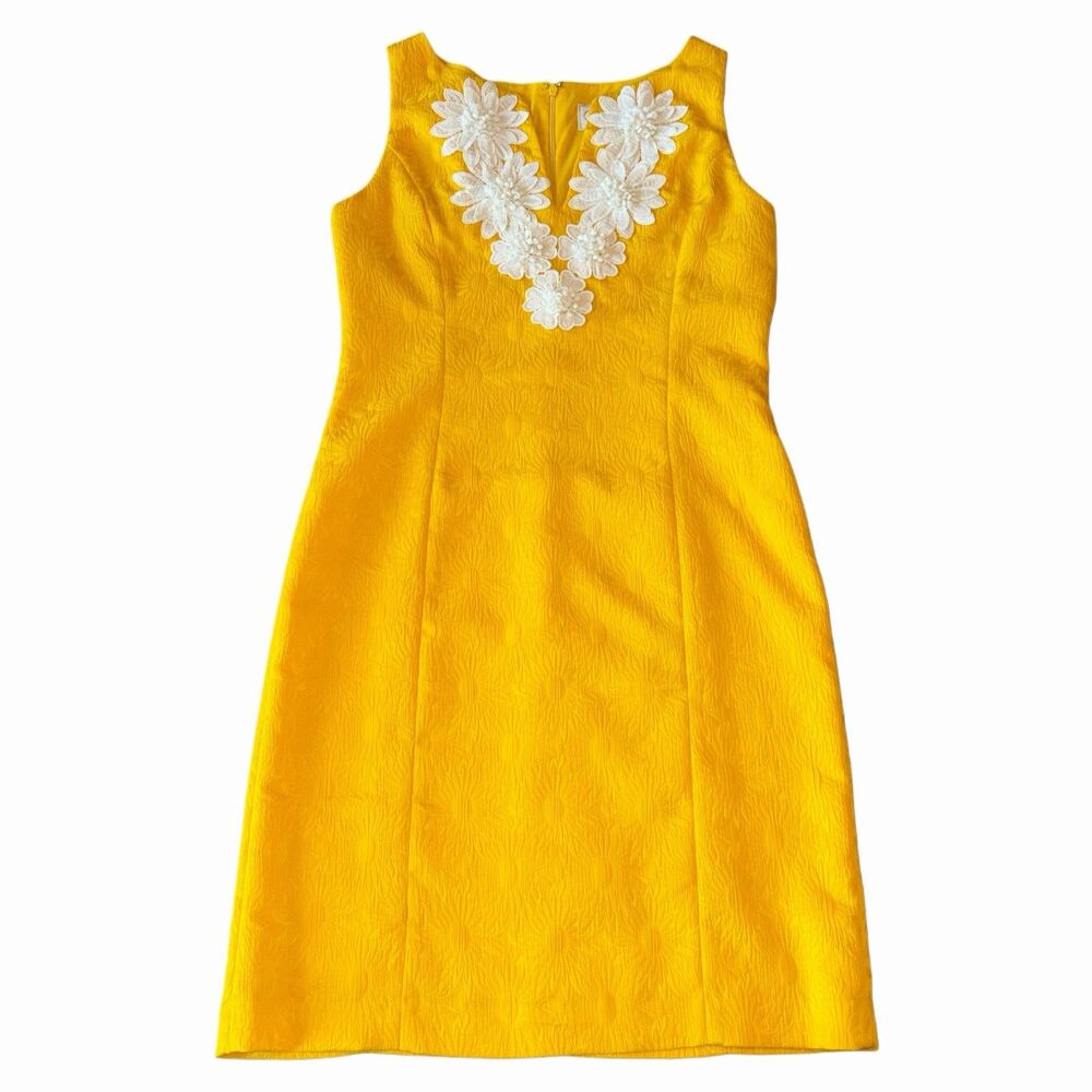 Pappagallo Sleeveless Floral Yellow Shift Dress Embellished Womens Size 4